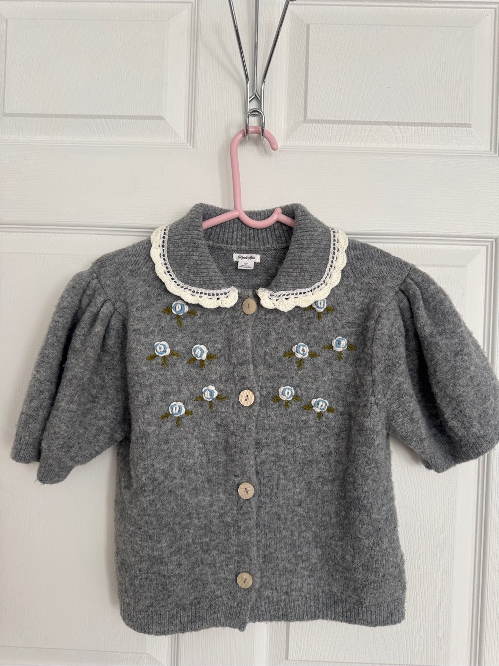 Kimchi Blue Gray Knit Cardigan with Cream Crochet Collar